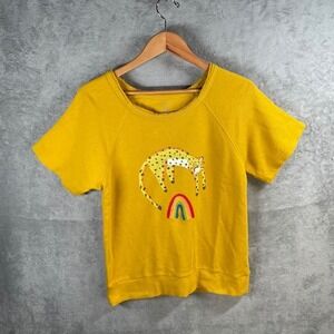 Anthropologie Jarmel Yellow Cheetah Rainbow Short Sleeve Sweatshirt Top Medium